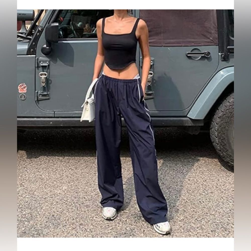 Black Women Y2K Baggy Track Pants Elastic Waist Wide Leg Parachute Pants - Picture 4 of 7